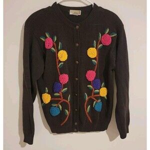 Vintage Womens Cardigan Sweater Medium Floral‎ Art Cottagecore Indie Whimsigoth